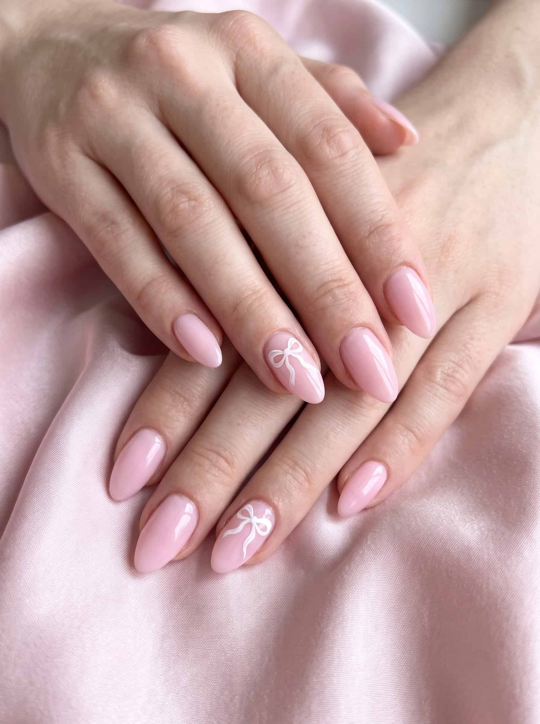 Baby Pink Nails With White Bows