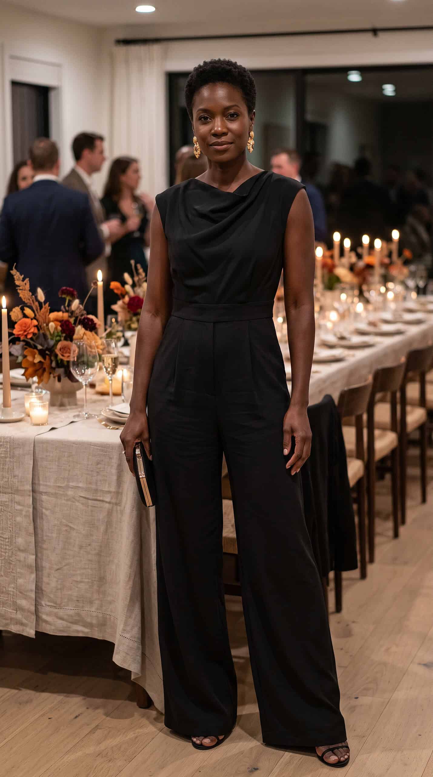 Black Wide-Leg Jumpsuit and Gold Accessories