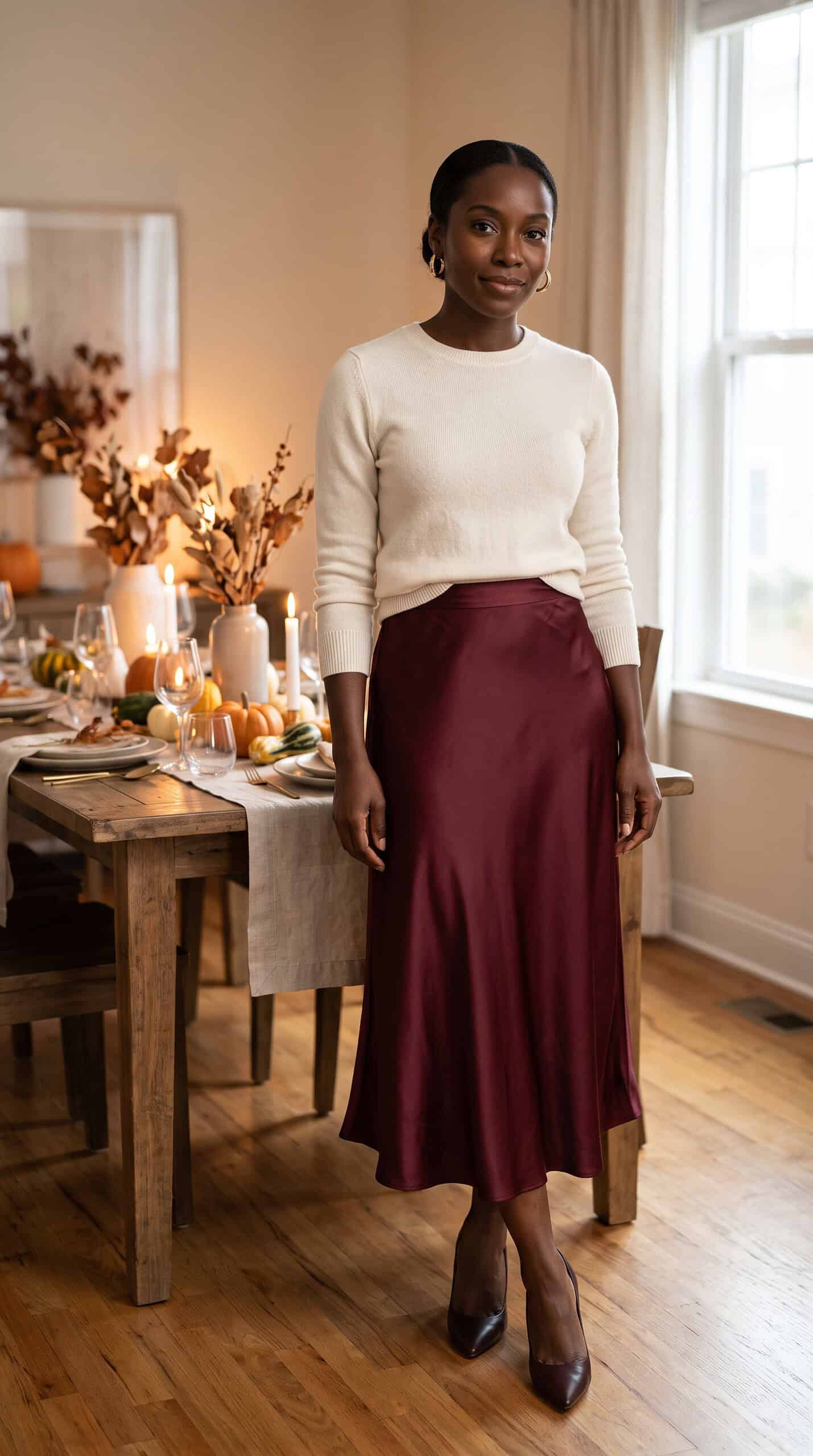Burgundy Satin Skirt and Cream Sweater