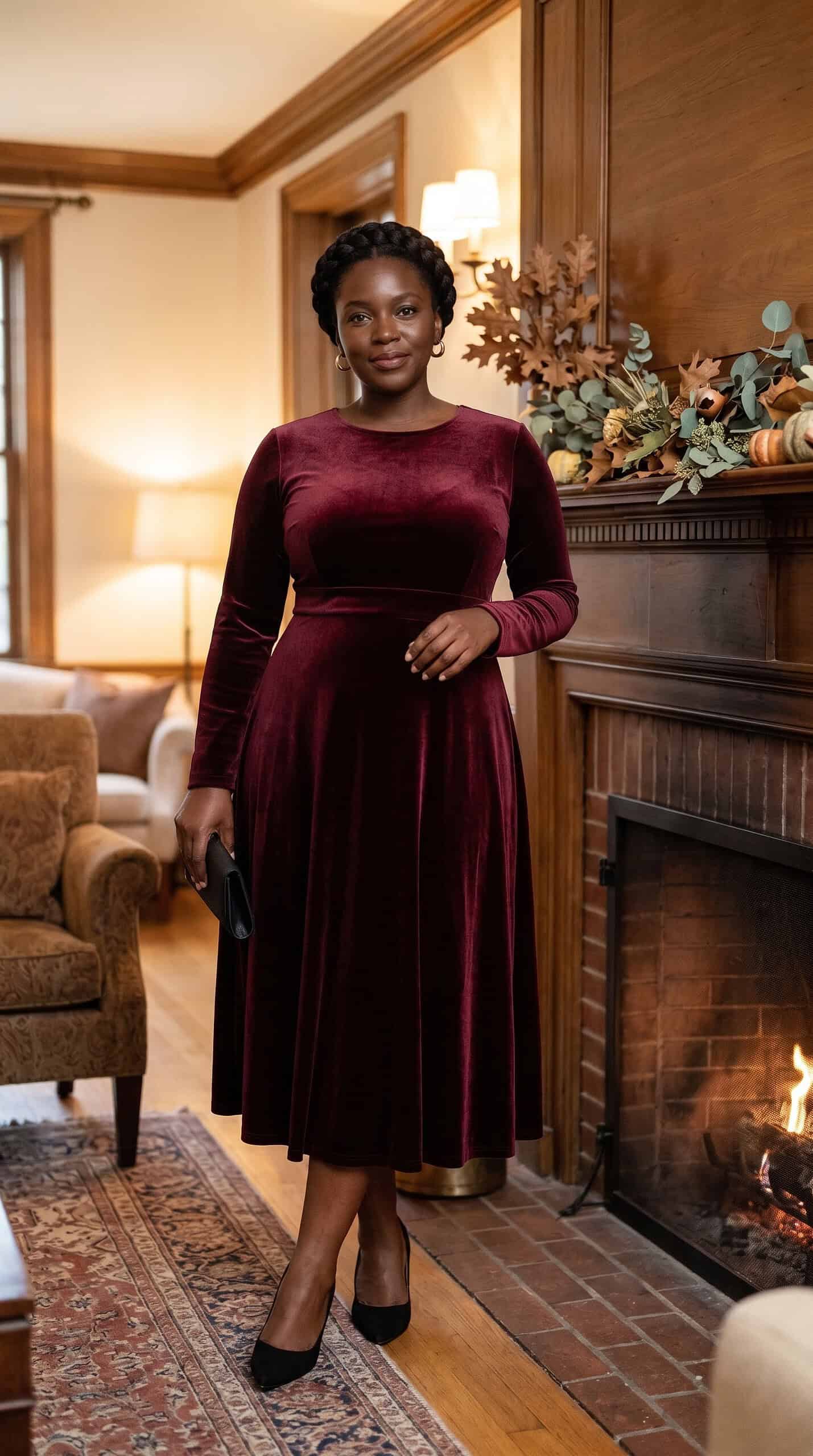 Burgundy Velvet Dress and Pointed Pumps
