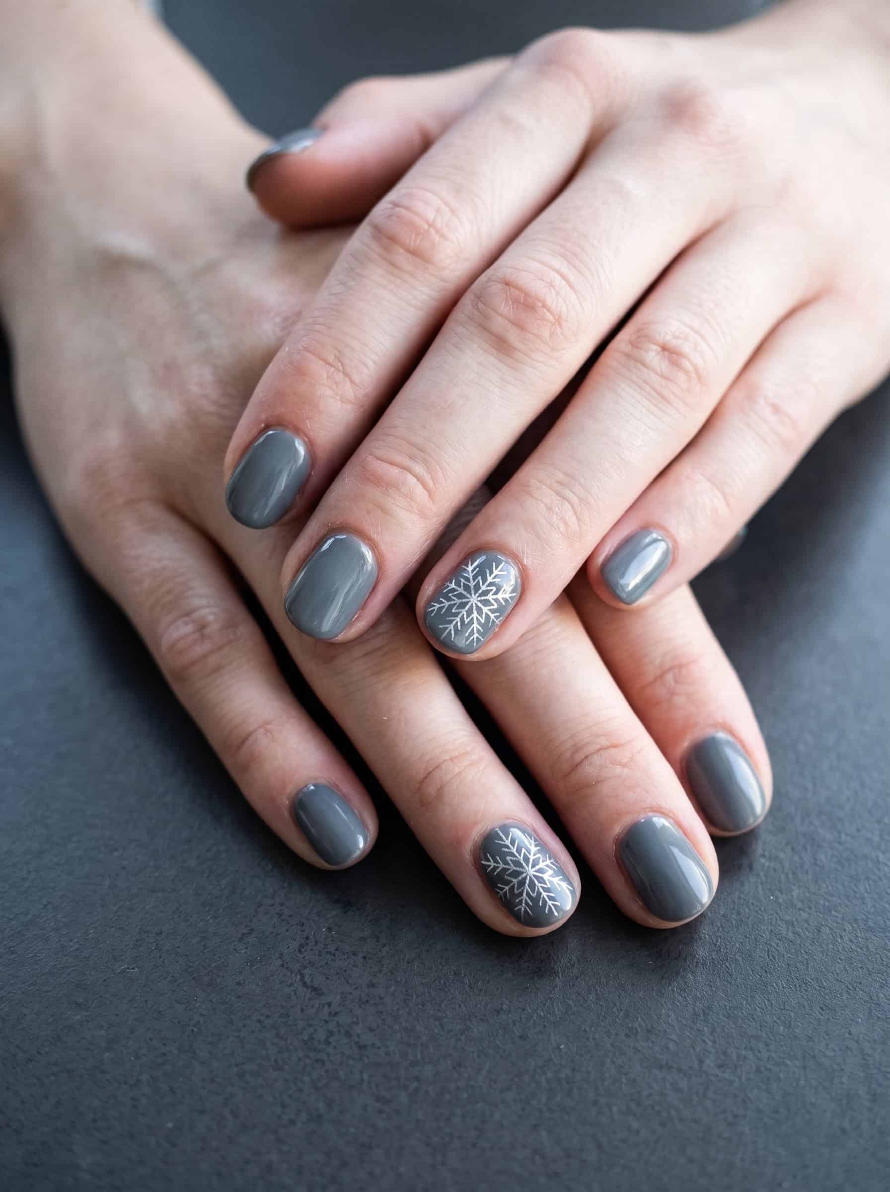 Charcoal Gray Nails With Silver Snowflake Outlines