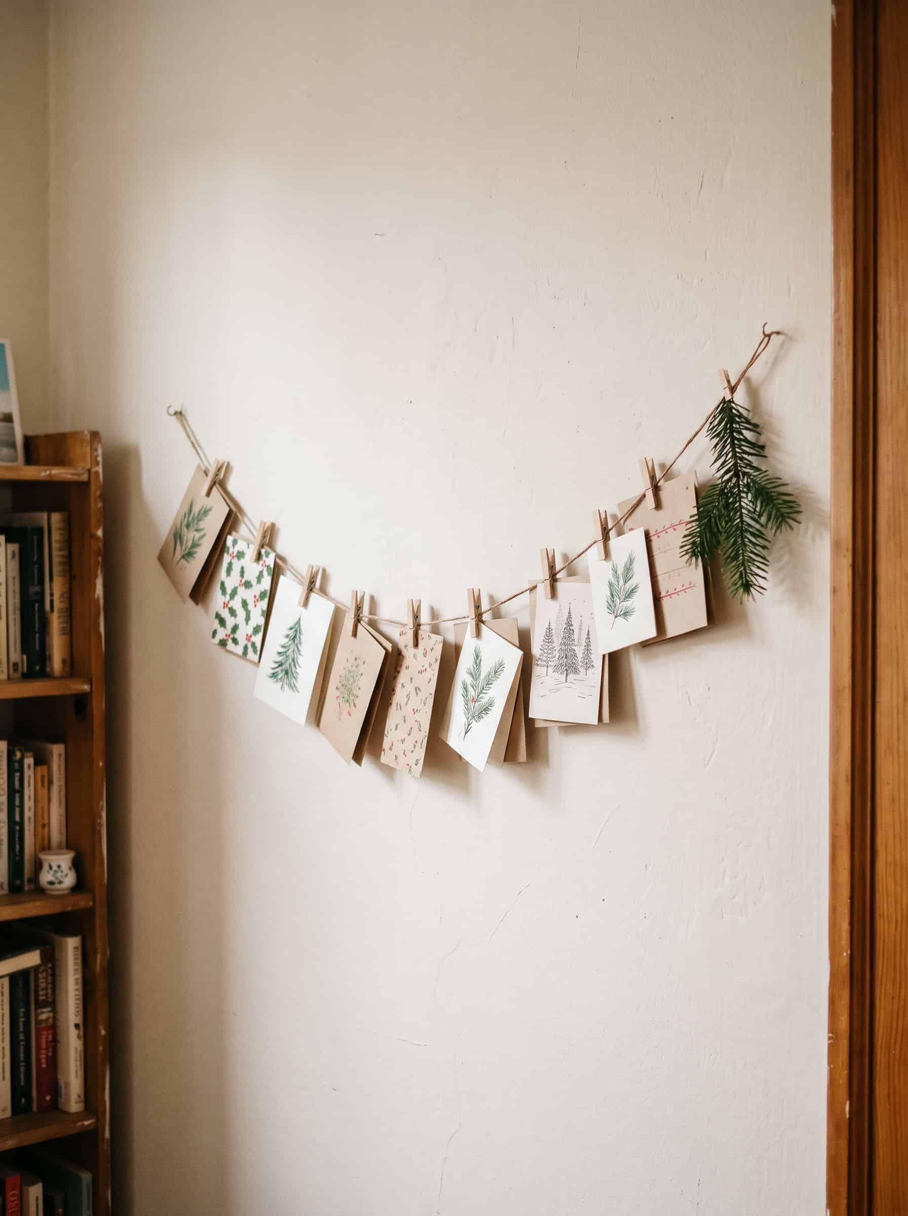 Christmas cards hanging on the wall