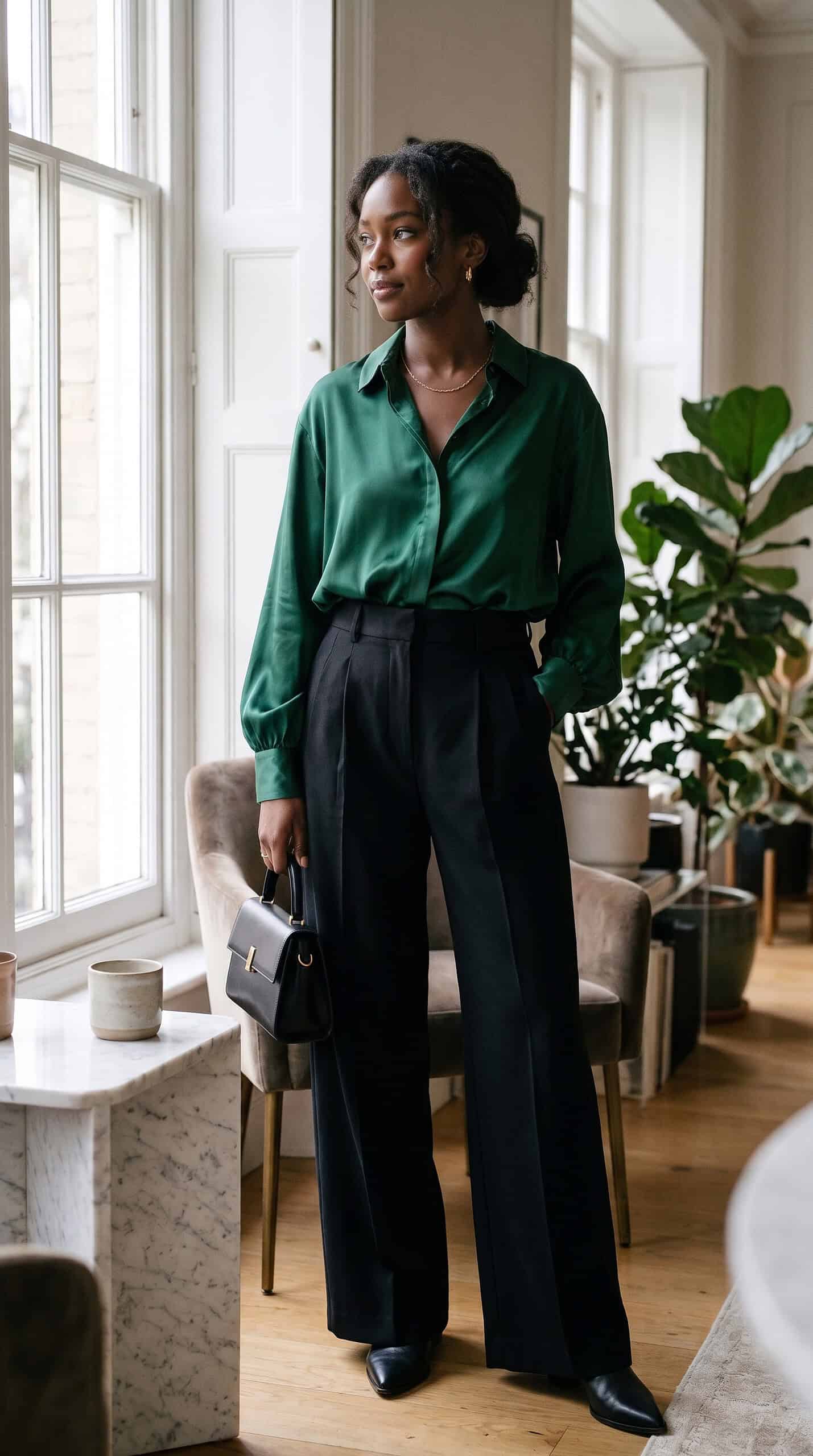 Emerald Satin Blouse and Black Trousers