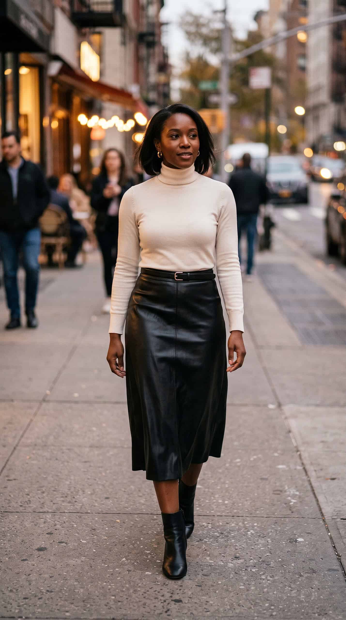 Faux-Leather Midi Skirt and Cream Turtleneck