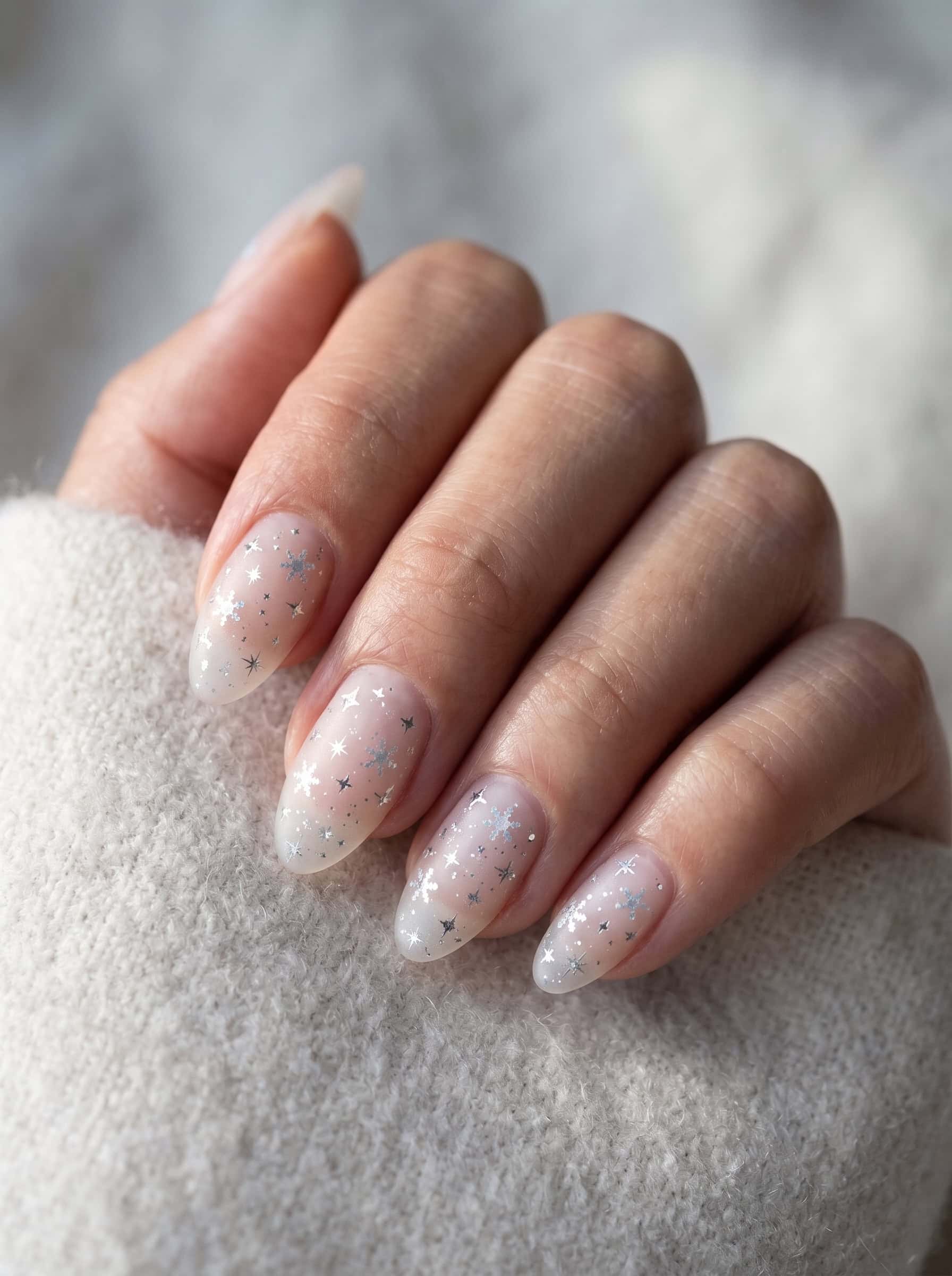 Frosted Glass Nails With Iridescent Snowflakes