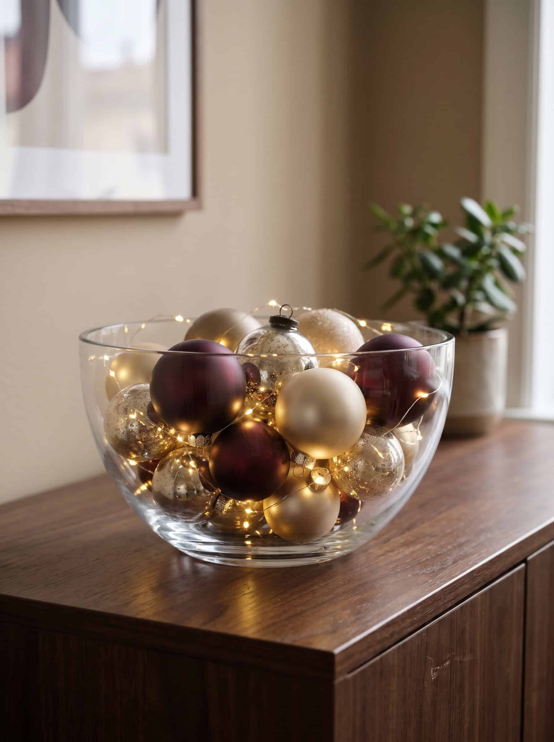 Glass bowl with ornaments and fairy lights