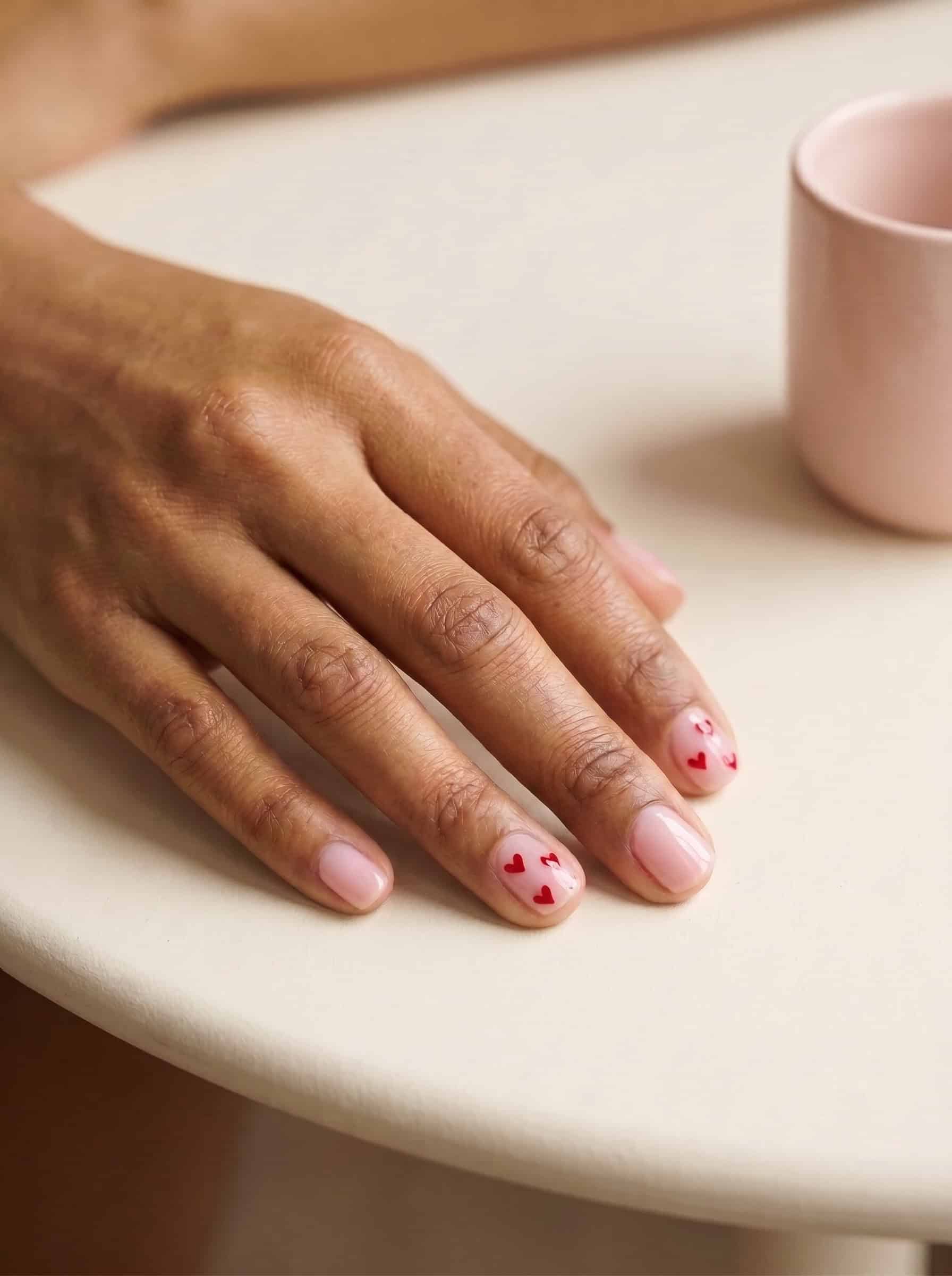 Soft Pink Nails With Tiny Red Hearts