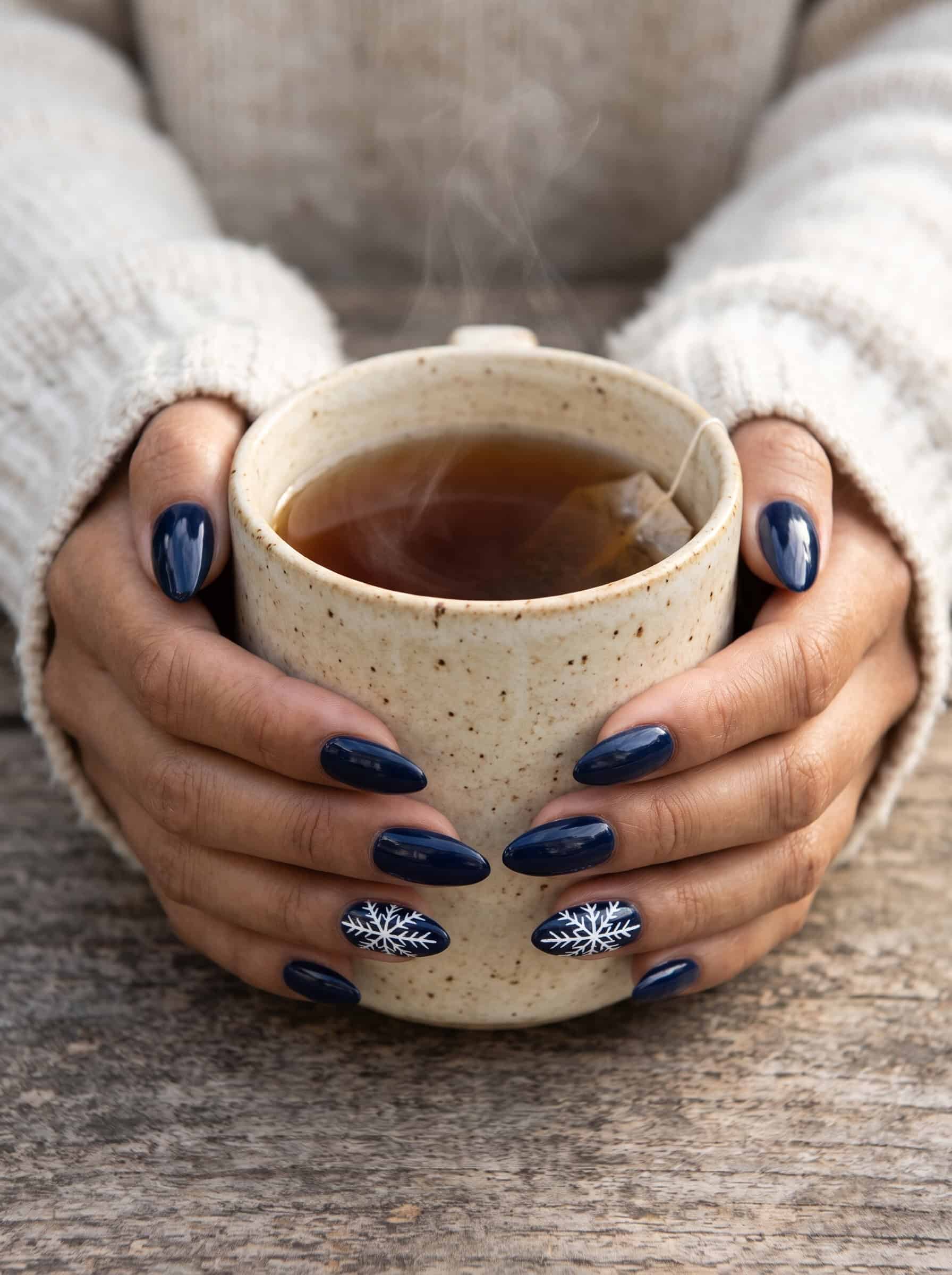 Midnight Blue Nails With White Snowflakes