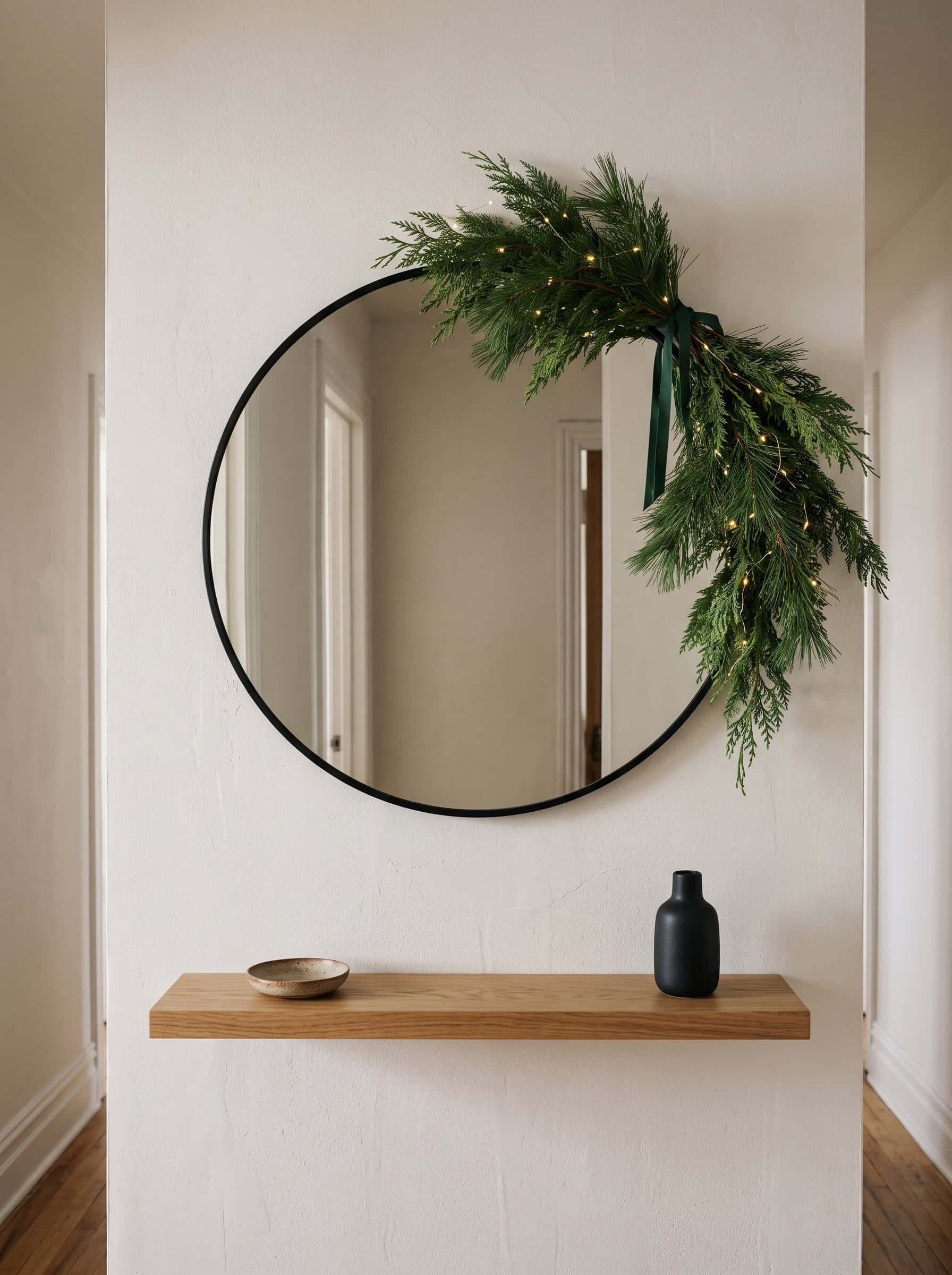 Mirror decorated with holiday Garland