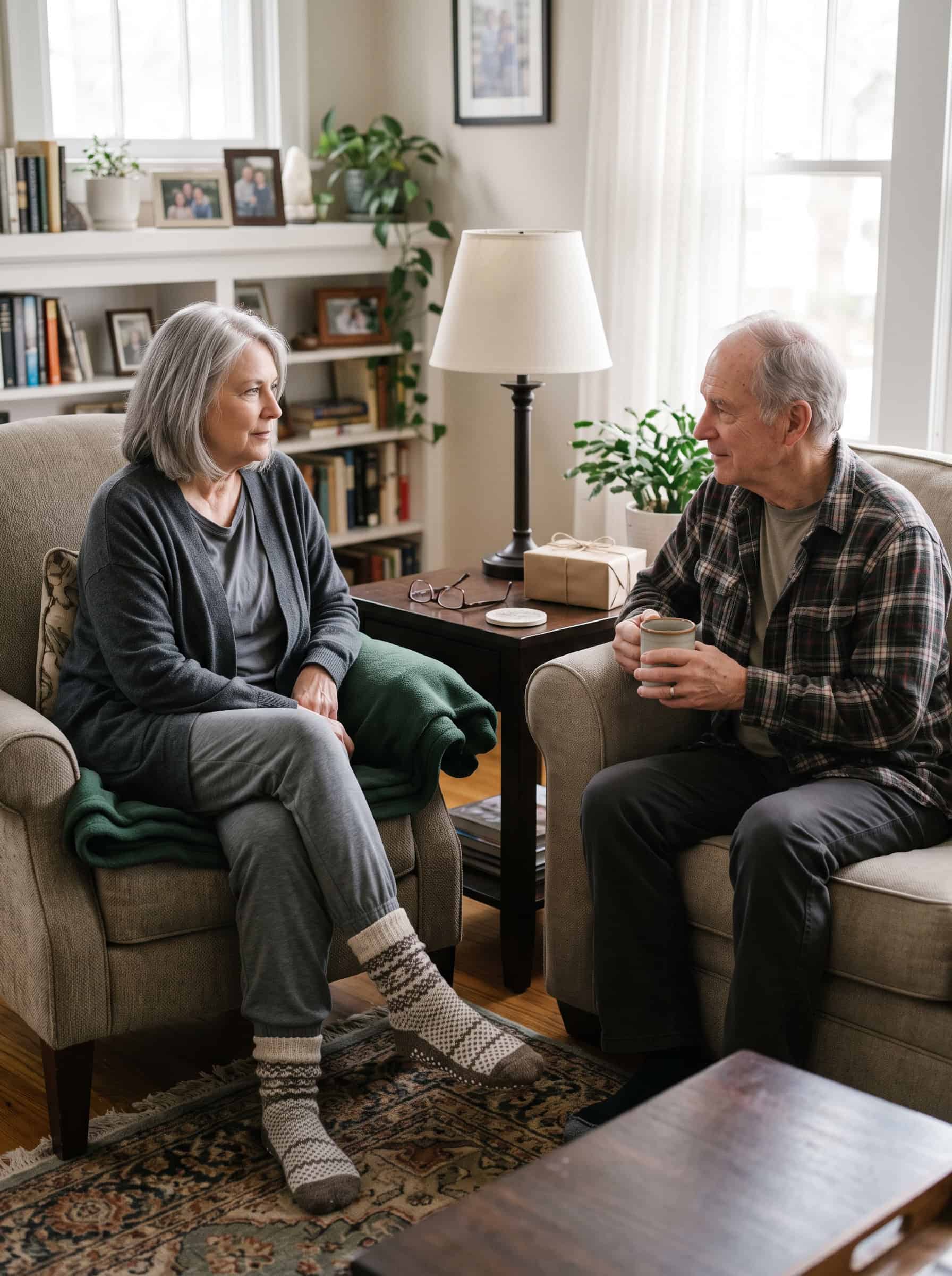 Older couple wearing socks and relaxing at home