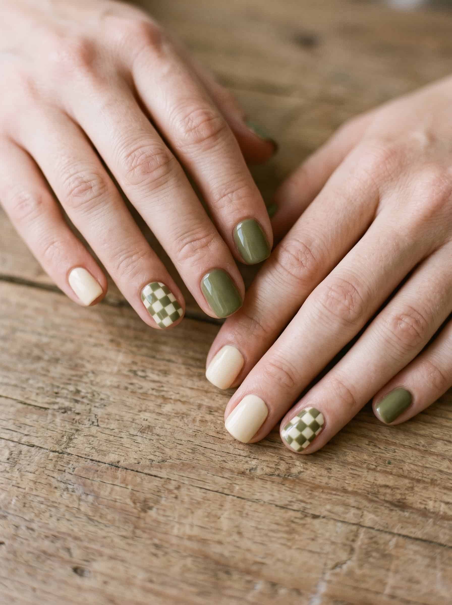 Olive Green And Cream Checkered Nails