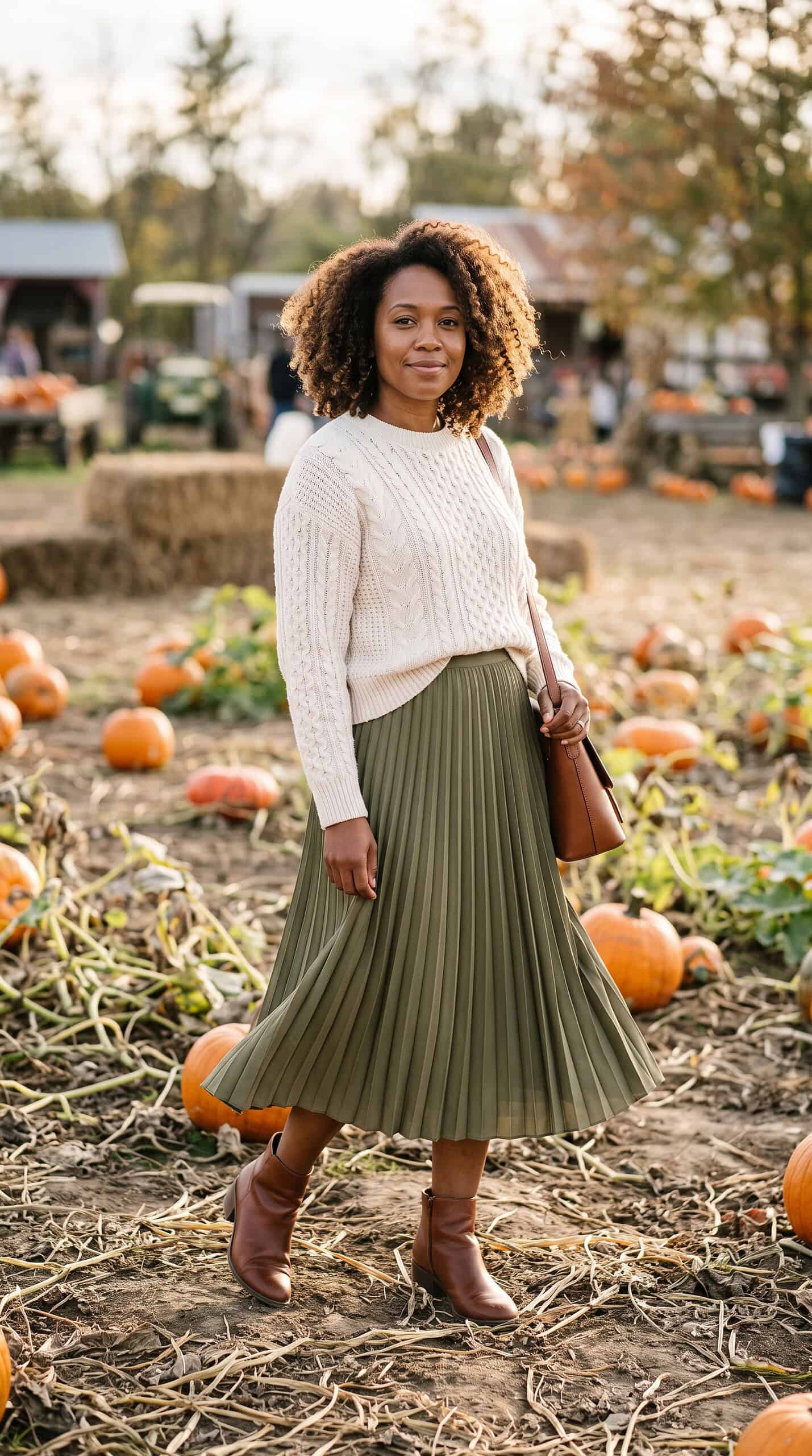 Olive Pleated Skirt and Cream Knitwear