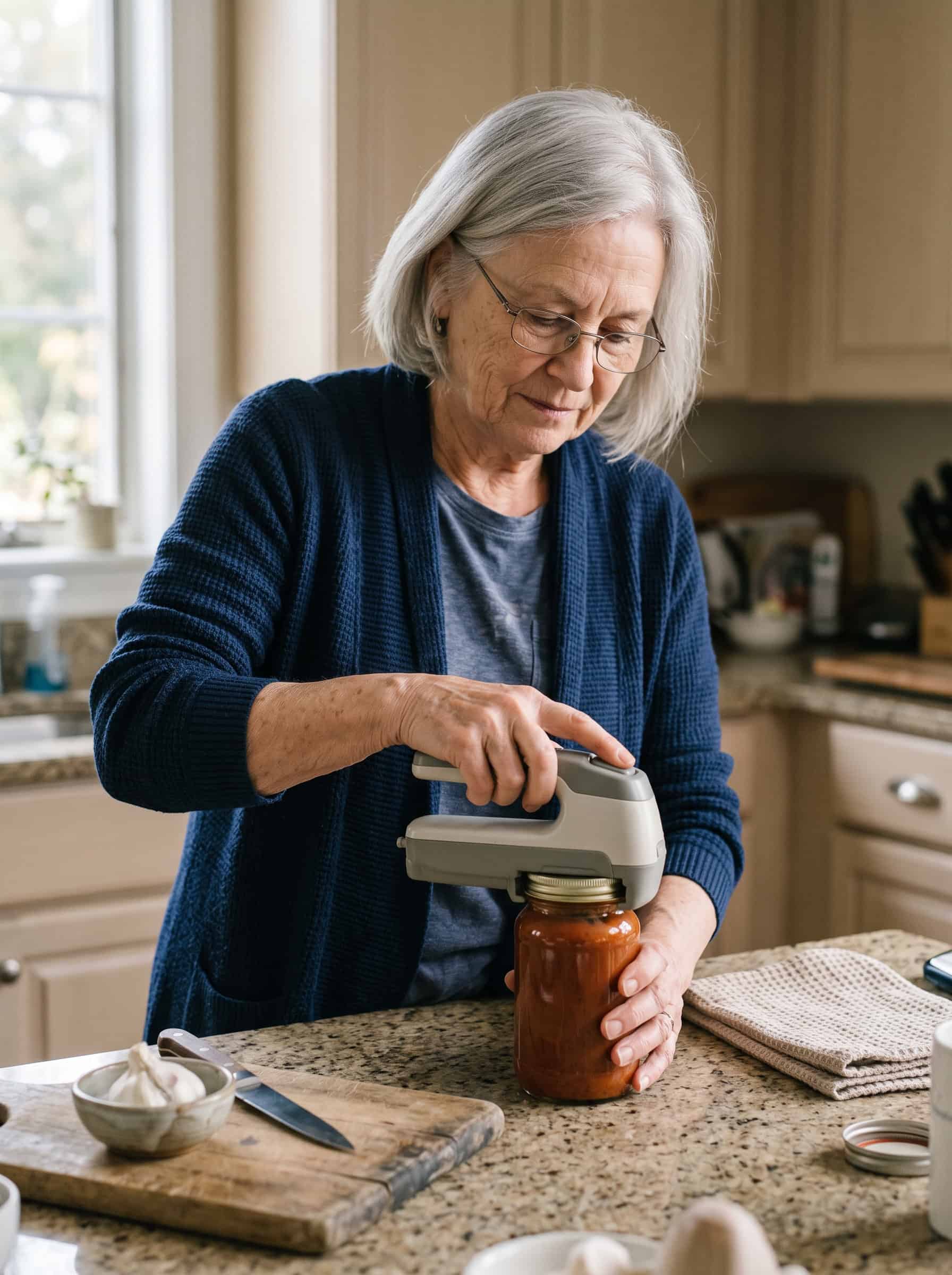 Elderly mom using electric jar opener