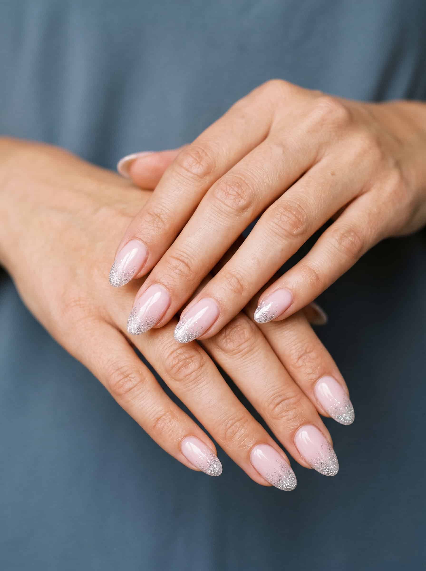 Pink Nails With Silver Glitter Tips