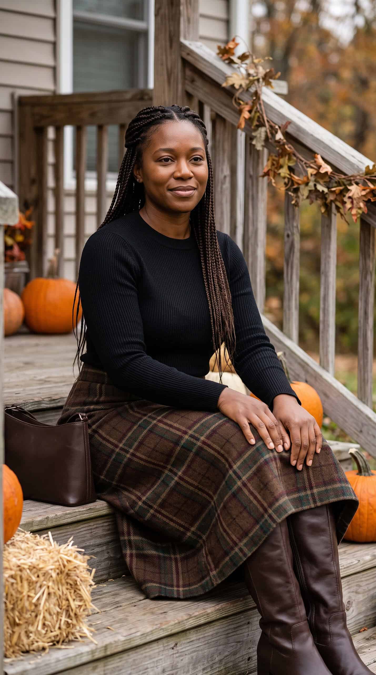 Plaid Midi Skirt and a Fitted Black Sweater