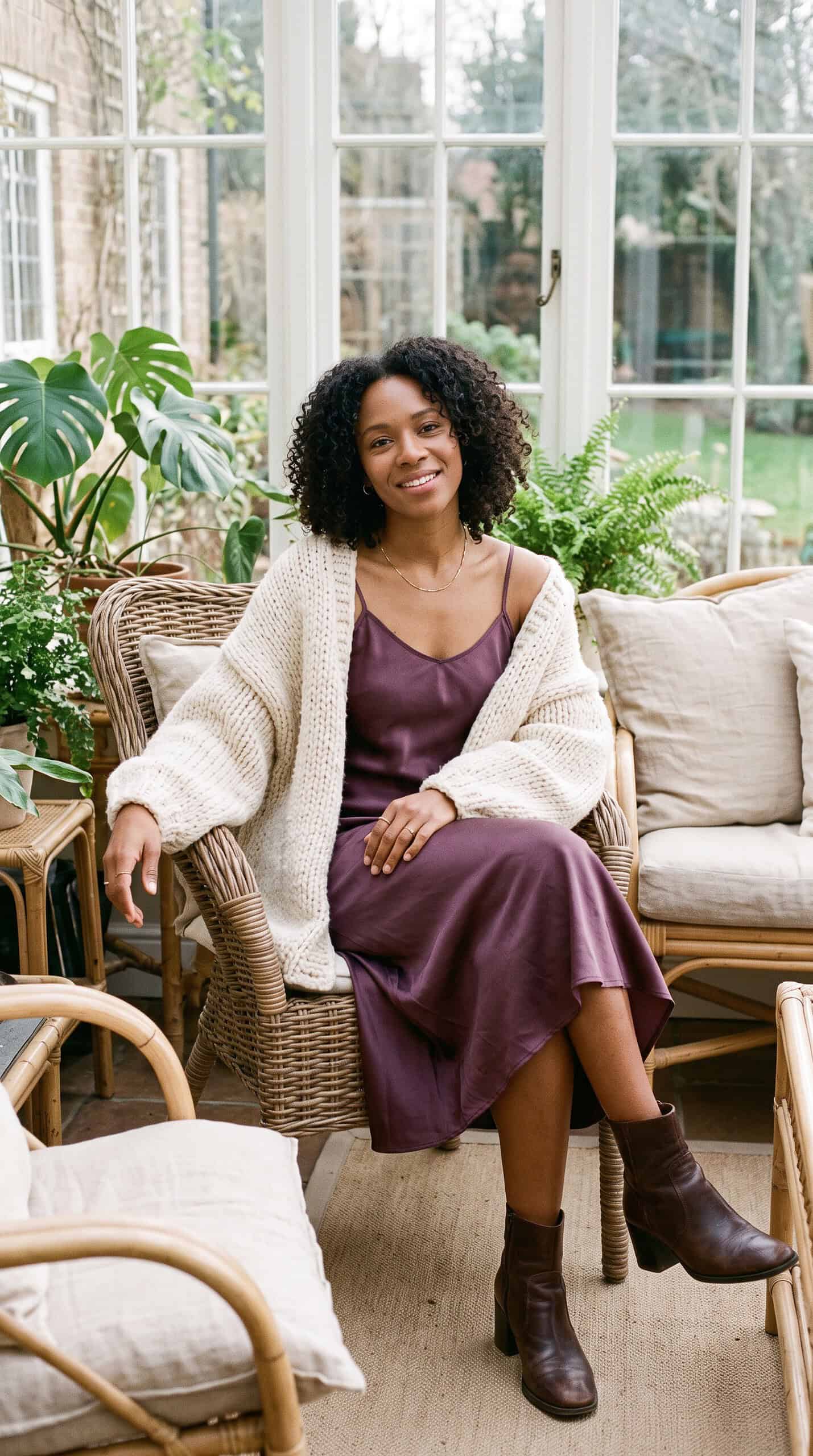 Plum Satin Slip Dress and Chunky Cardigan