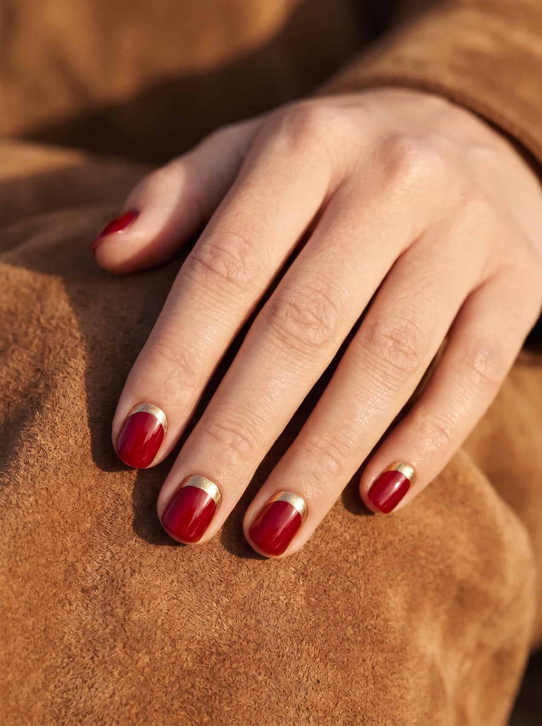 Red Nails With Gold Half-Moon Accents