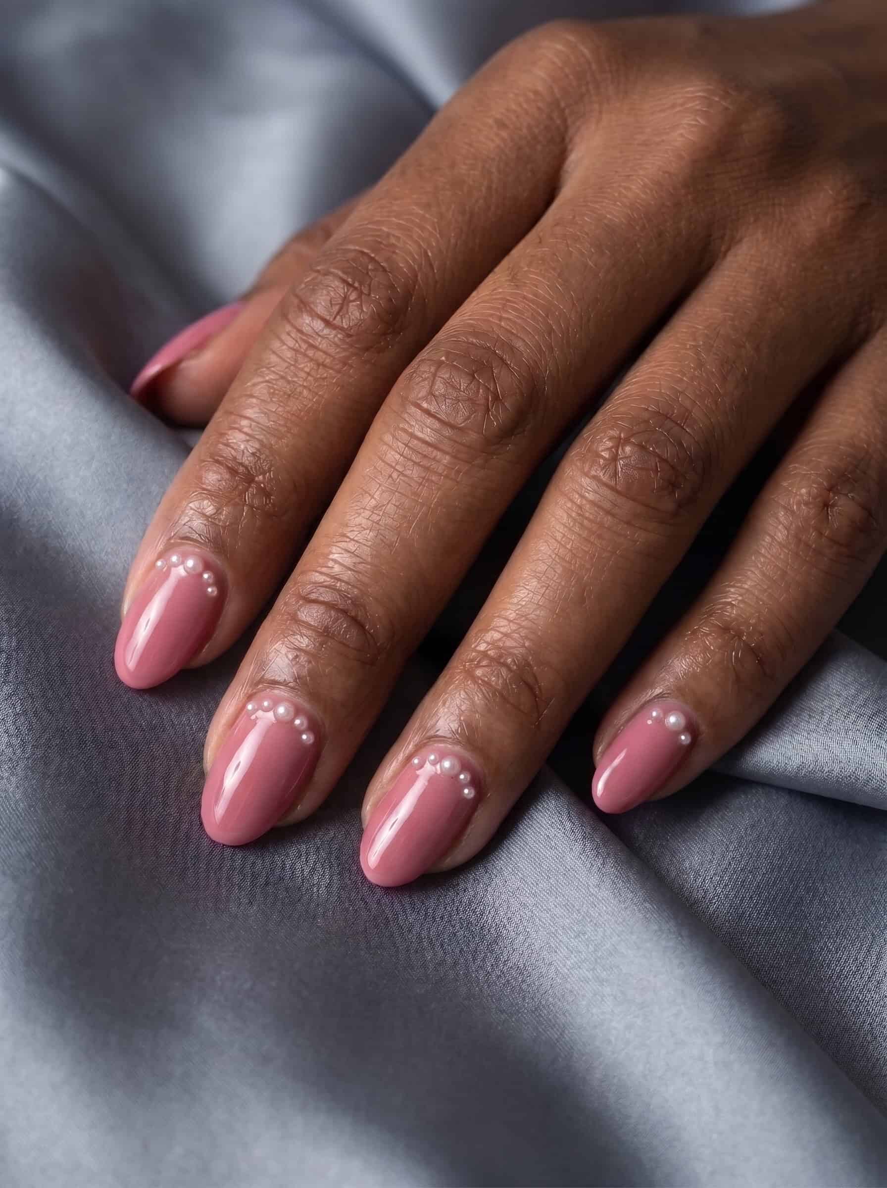 Rose Pink Nails With Pearl Ornaments