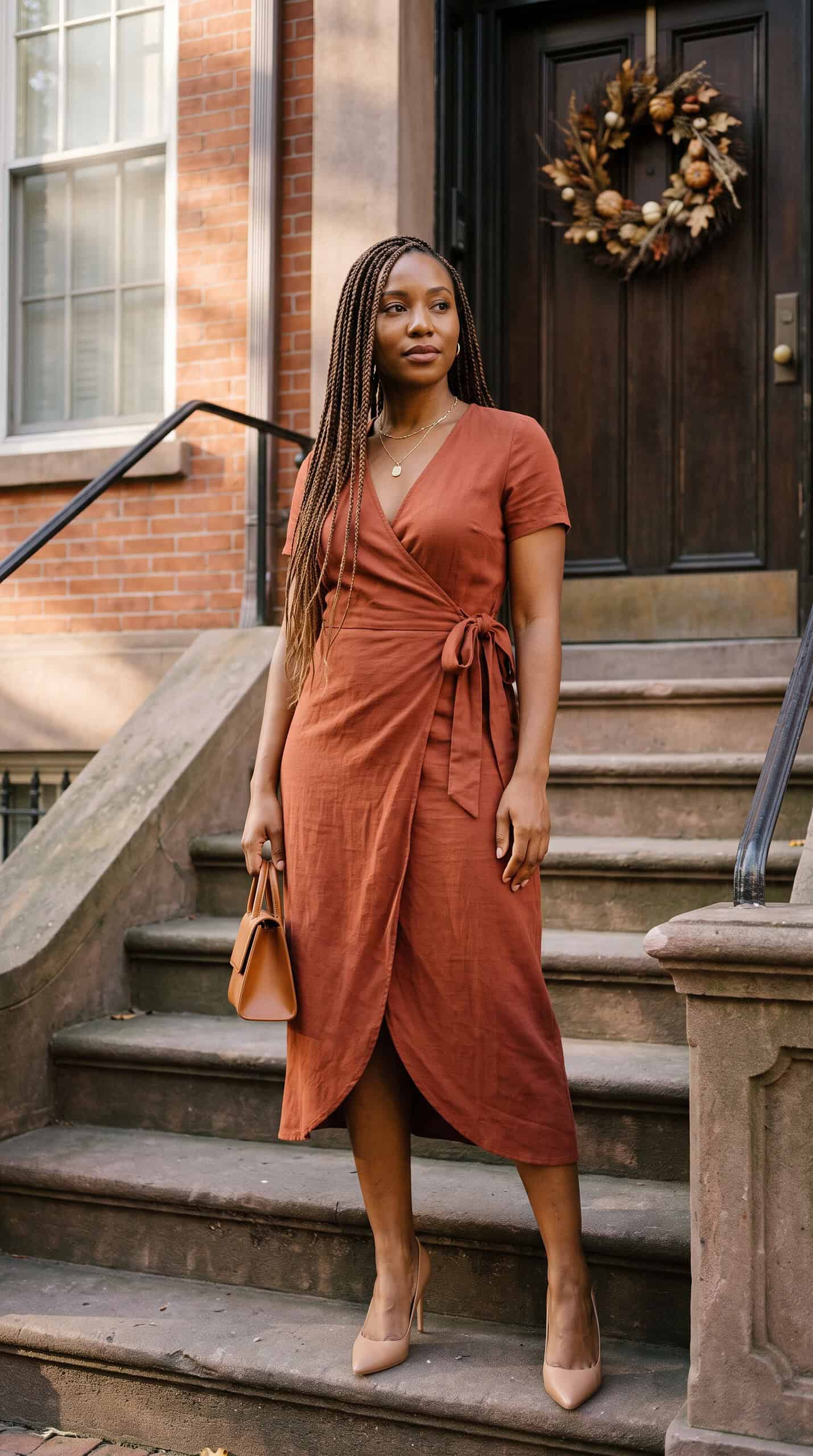Rust Wrap Dress and Nude Heels