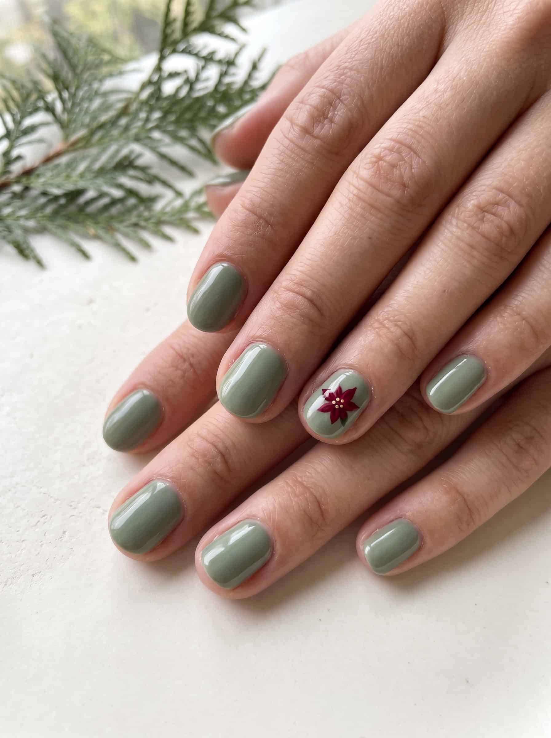 Sage Green Nails With A Painted Poinsettia