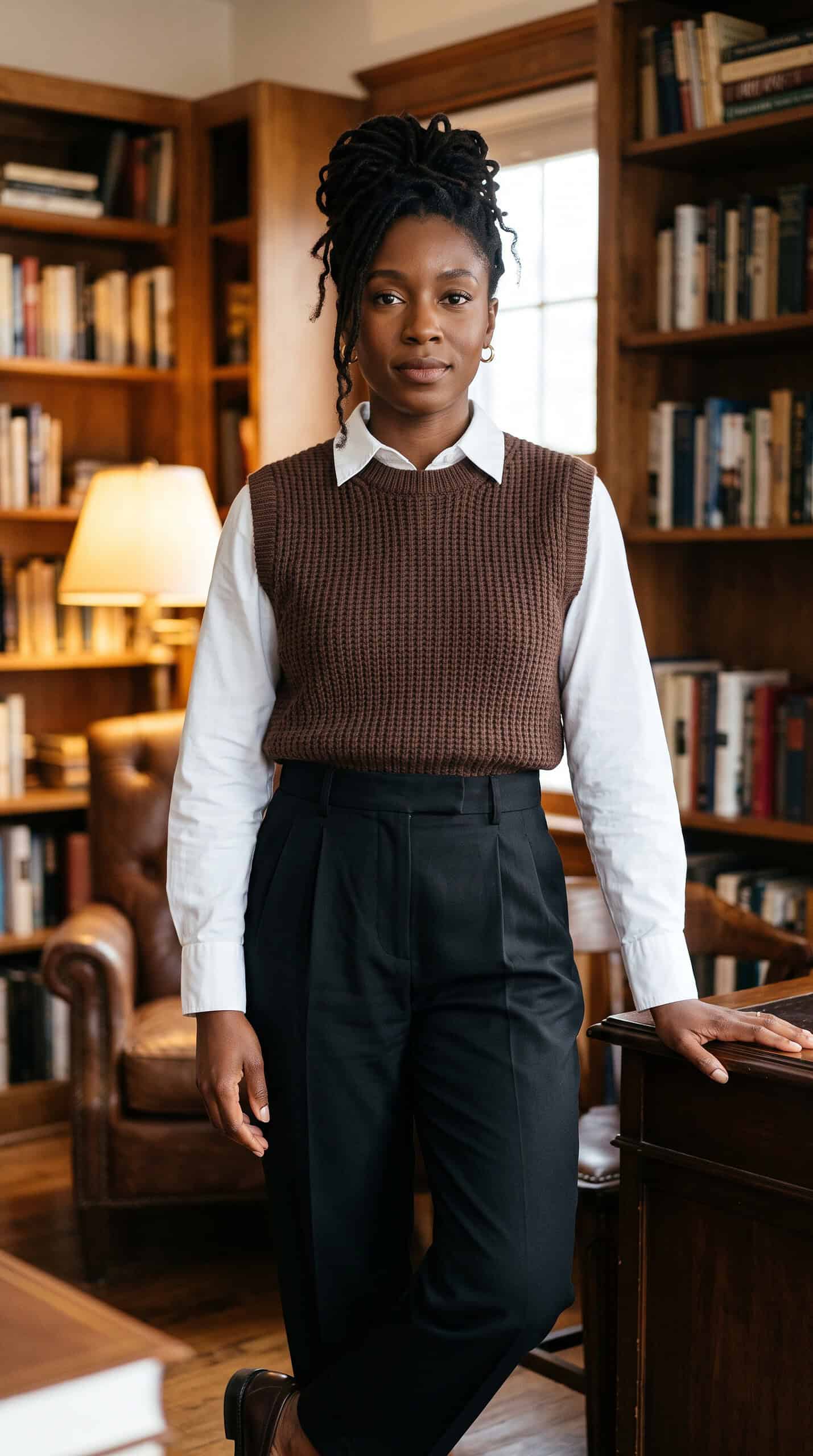 Sweater Vest, Crisp Shirt, and Pleated Trousers