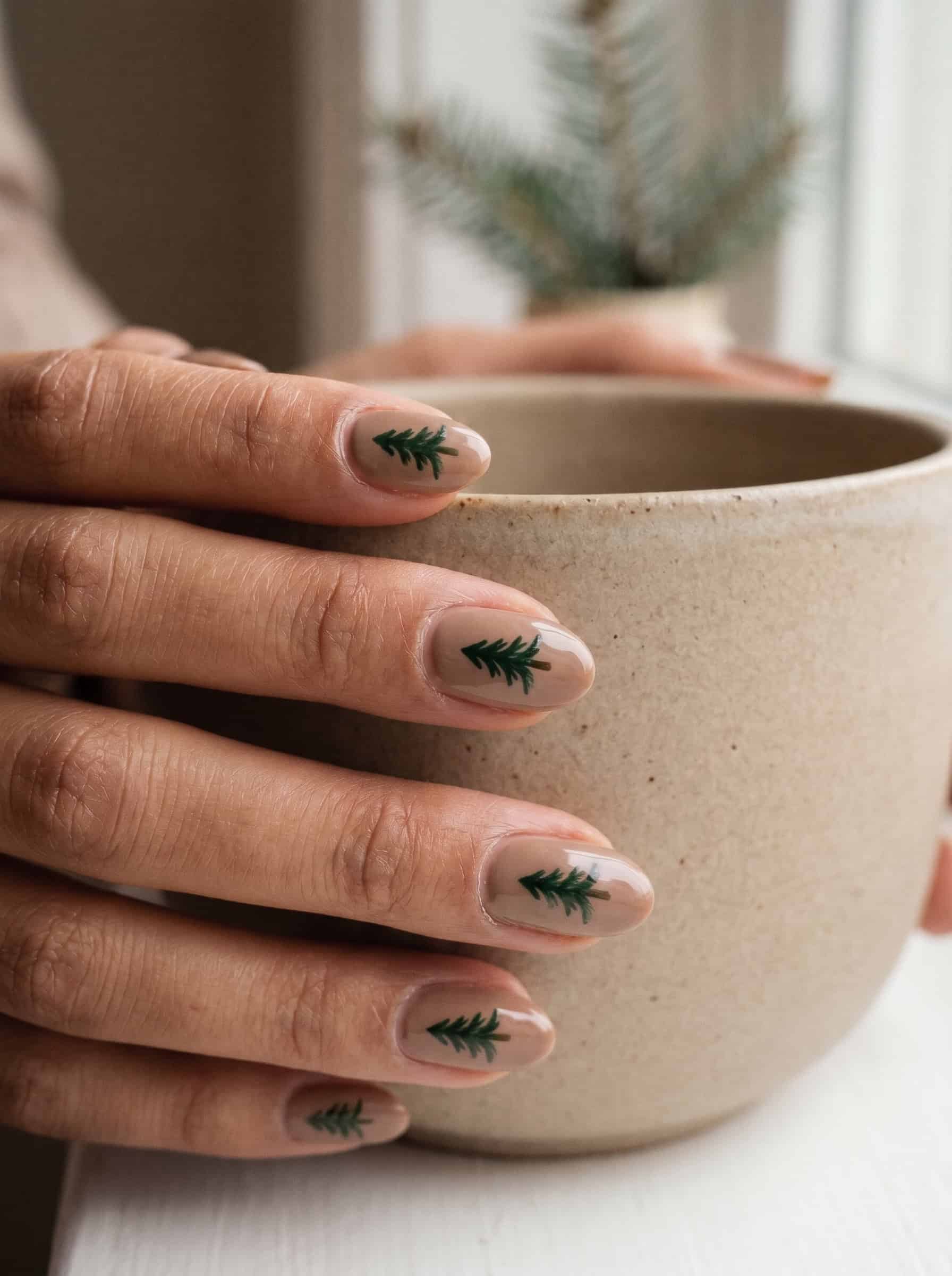 Taupe Nails With Tiny Evergreen Trees