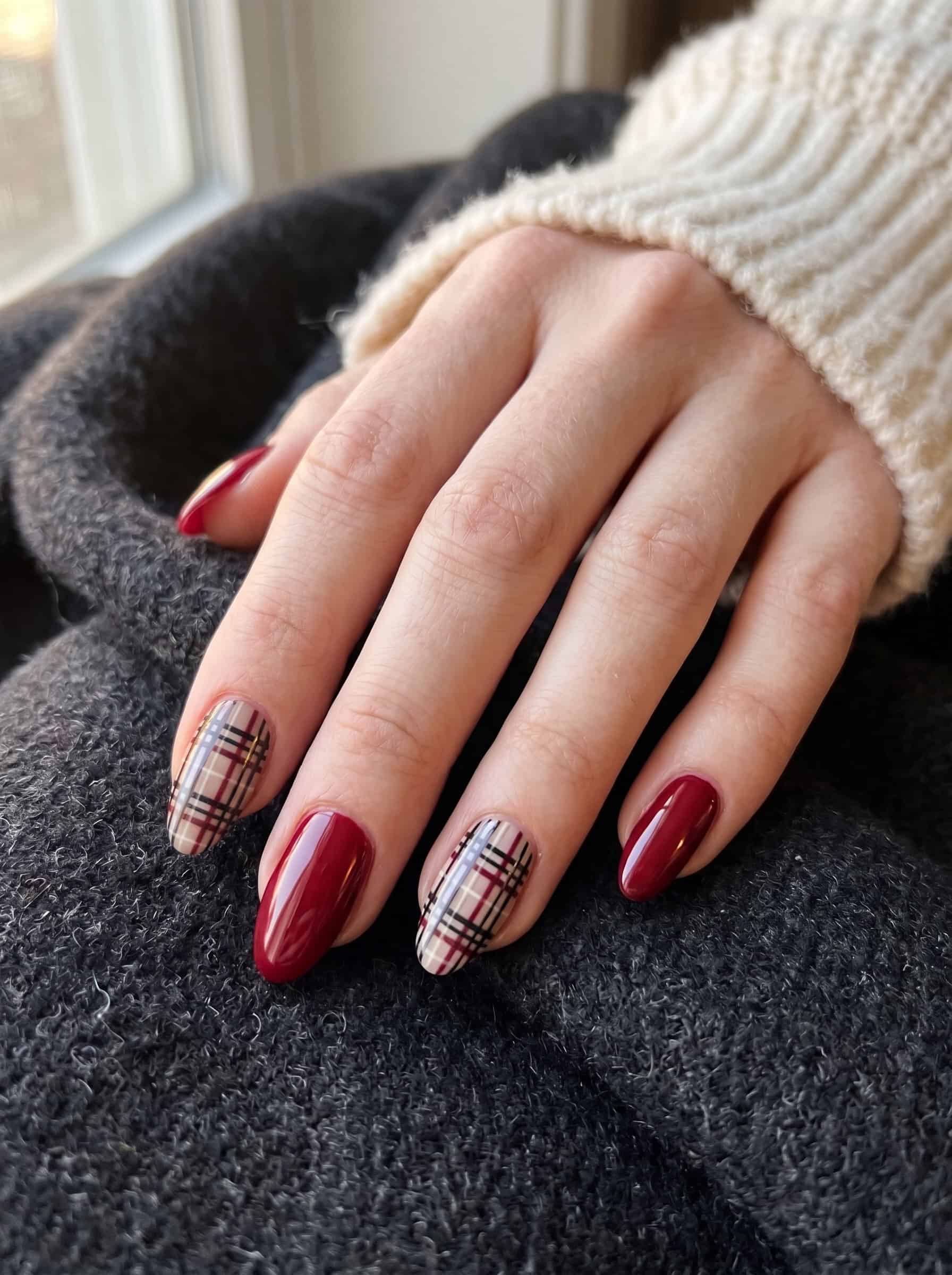 Red Tartan Plaid Accent Nails