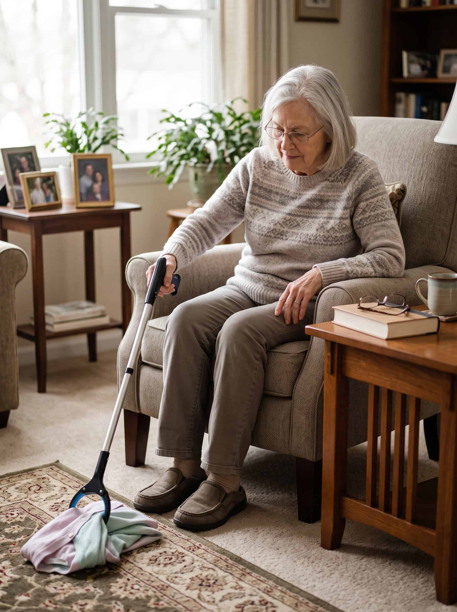 Elderly woman using reacher grabber